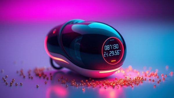 Futuristic cardiovascular device with digital display in vibrant hues.