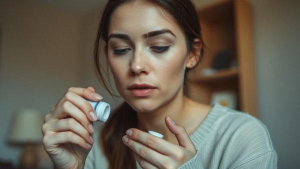 Young woman taking medication for online mental health care.
