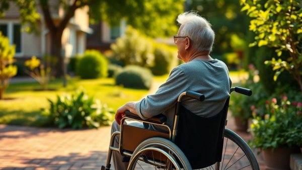 Elderly person in wheelchair outdoors, reflecting memory loss causes and Alzheimer's early signs.