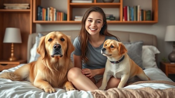 Young woman with dogs on bed, cozy room with books, natural light.
