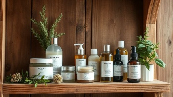 2026 beauty trends: Natural beauty items on a rustic wooden shelf.