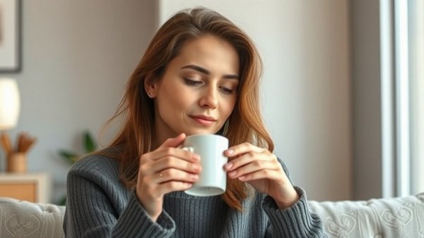 Woman sipping coffee, contributing to habits that undermine confidence.