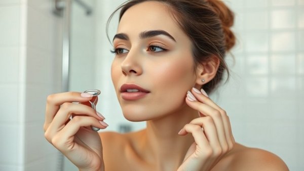 Woman treating puffy eyes with facial roller in bathroom.