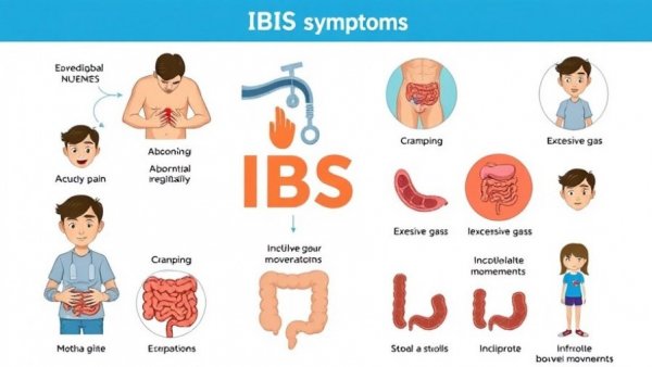 Infographic illustrating symptoms of IBS, including abdominal pain and cramping.