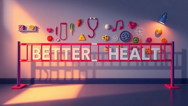 Abstract barriers representing obstacles to better health with symbols.