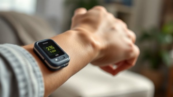 Close-up of glucose monitor on arm with phone reading.