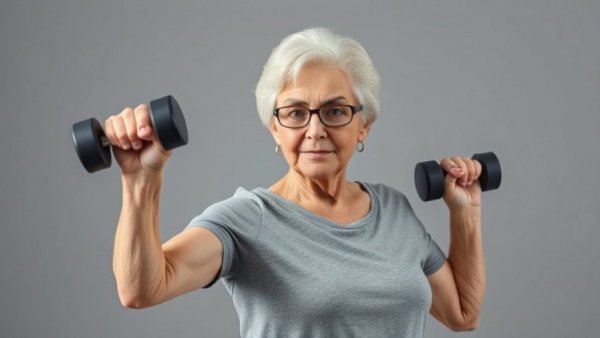 Older woman exercises with a dumbbell for creatine supplementation for menopause benefits.