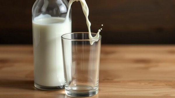 Pouring raw milk from a glass bottle into a glass on a wooden table.