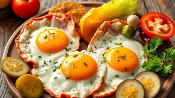 Energy boosting diet breakfast with eggs and vegetables on wooden board.