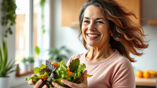 Midlife woman enjoying salad for gut health.