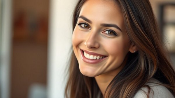 Confident smiling woman in a soft-lit portrait, understanding addiction in families.