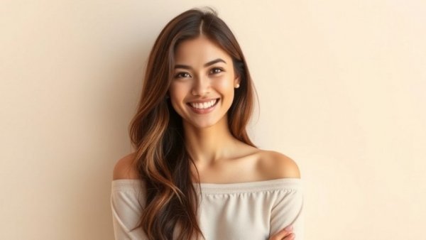 Portrait of a smiling woman in soft daylight with neutral background.