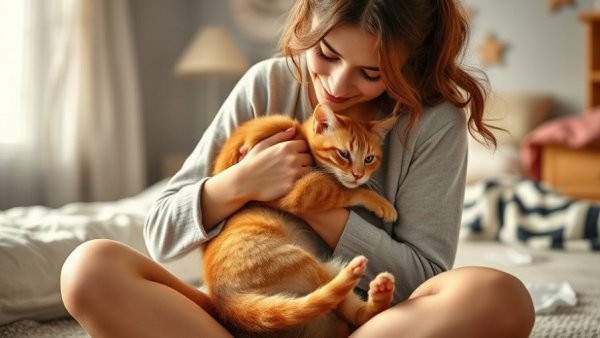 Challenges for pet parents: Woman comforting her cat in a cozy room.