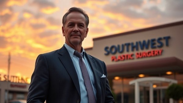 Confident man in suit outside Southwest Plastic Surgery building at sunset, evolution of plastic surgery.