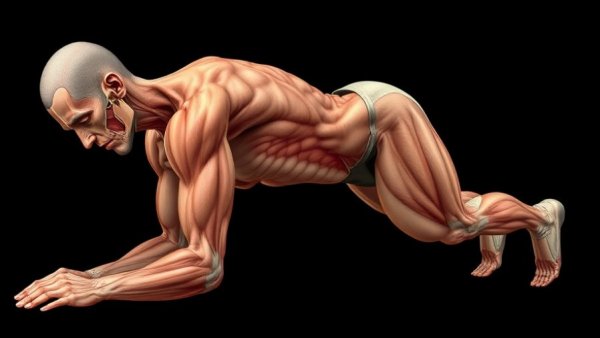 Detailed illustration of plank exercise showing muscle groups.