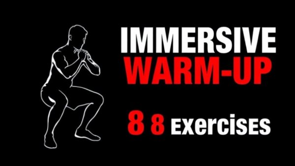 8-minute immersive cardio warm-up graphic with exercises and silhouette.