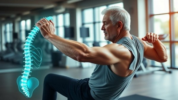 Elderly man practicing exercises for lower back pain over 50, holographic spine illustration.
