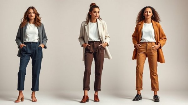 Women showcasing different pants styles to avoid with a large tummy.