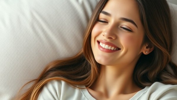 Smiling woman understanding intrusive thoughts in midlife, soft focus.