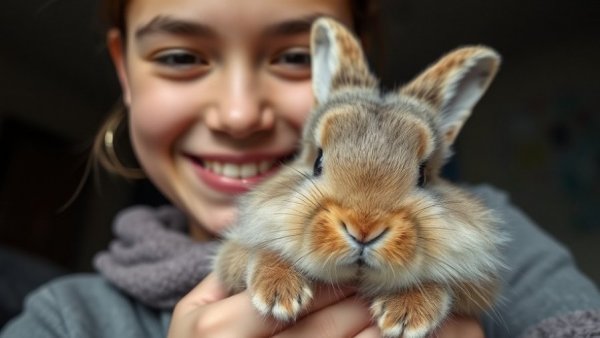 Close-up of person holding rabbit gently indoors.