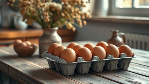 Carton of organic eggs on a rustic table with flowers, best value egg brands.