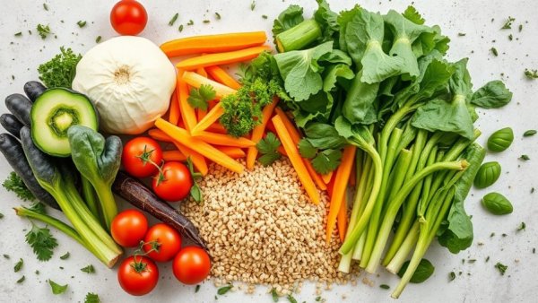 Healthy ingredients for a gentle new year reset with fresh vegetables and grains.