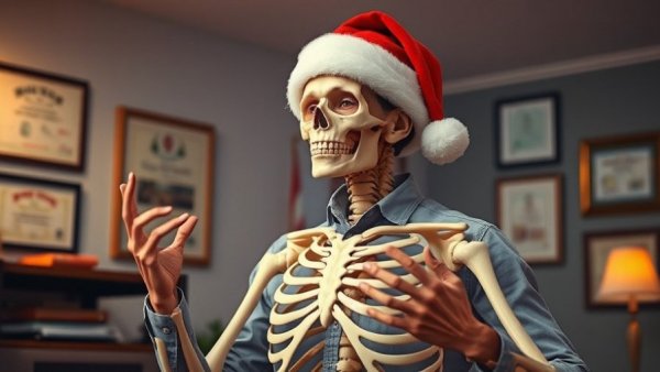 Young man explains next to a festive skeleton in office #greenscreen.