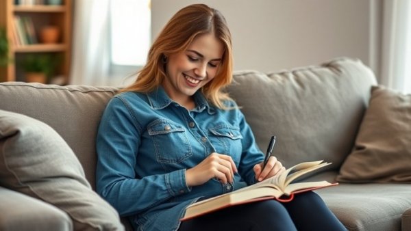 Woman journaling, potential word of the year ideas, cozy setting.