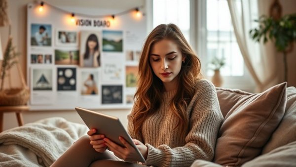 Woman creating vision board for life transformation in 2026.