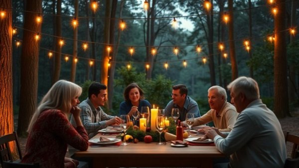 Family reset rituals dinner under string lights in wooded area.