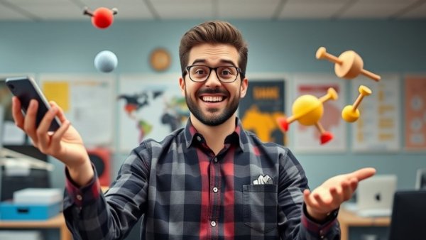 Humorous setup with a man juggling in an office, boosting mental wellness