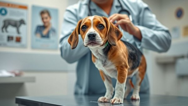 Beagle being examined at the vet for bladder cancer in dogs.