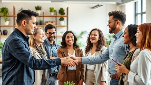 Diverse professionals collaborating in a bright office, symbolizing businesses driving social change.