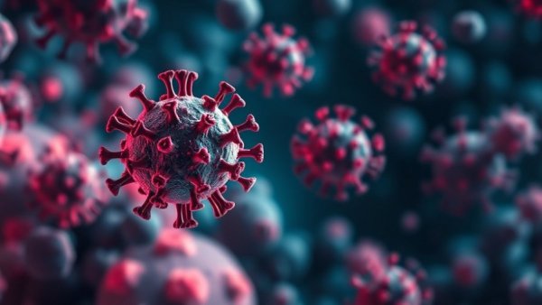 Microscopic view of COVID-19 virus particles in red tones, 2026.