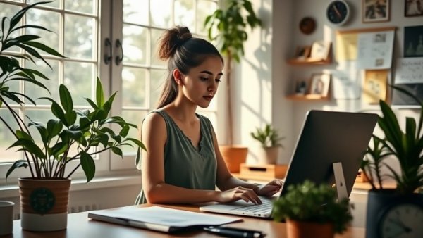 Young woman in a cozy home office, focused on designing the life she wants.