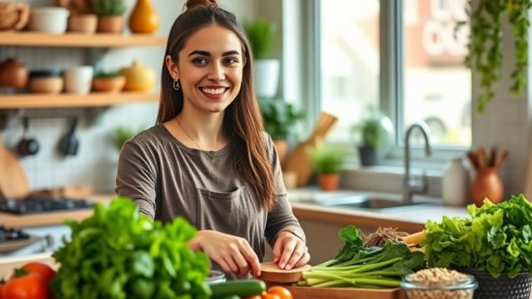 Woman preparing vegetables for Batch-Cook Sunday in bright kitchen.