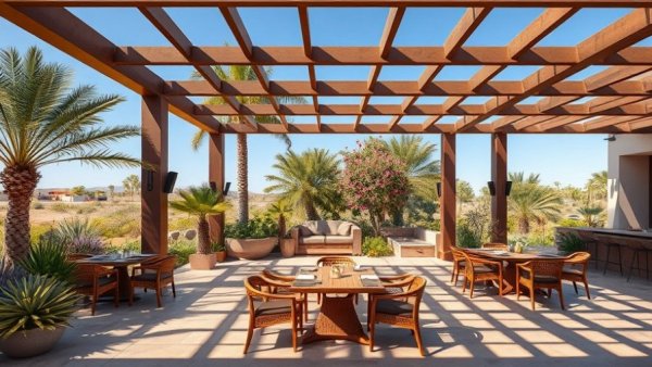 Luxury outdoor dining room with wooden furniture under a pergola.