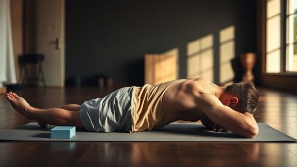 Gentle low back pain relief exercises in dim-lit studio.