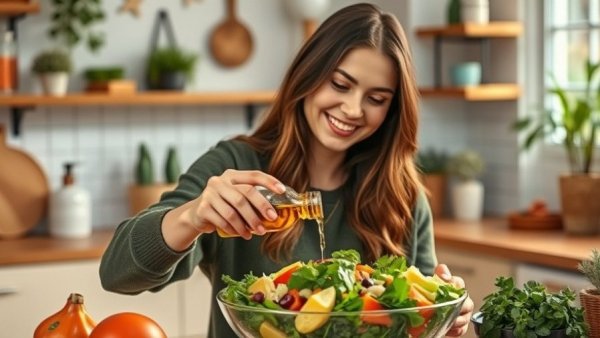Young woman preparing a healthy dinner in a bright kitchen.
