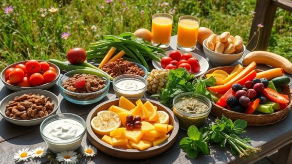 Vibrant energy-boosting foods on rustic table under sunlight