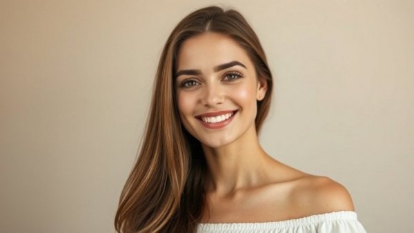 Smiling woman in white top with long brown hair, photorealistic.