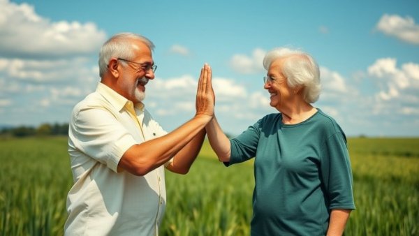 Active older couple high-fiving in a park, promoting preventative measures for healthy aging.