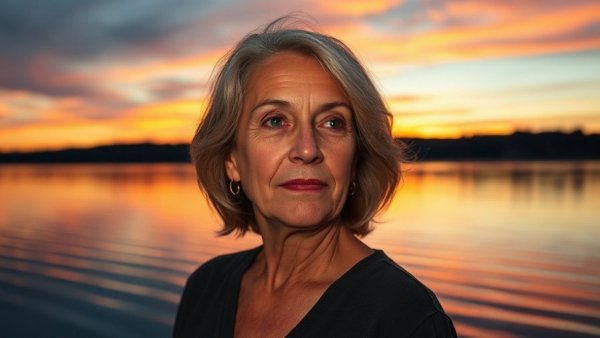 Serene midlife woman reflecting at sunset, life lessons for women in midlife.
