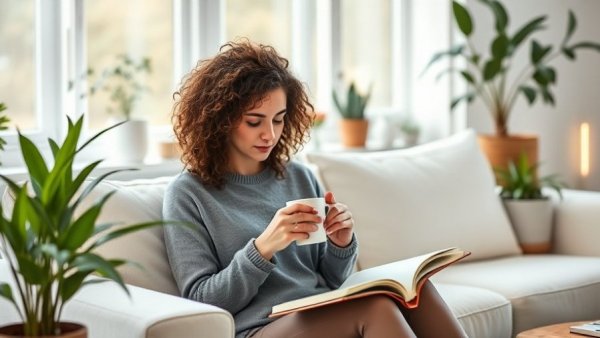 Cozy living room scene of woman journaling for winter wellness.