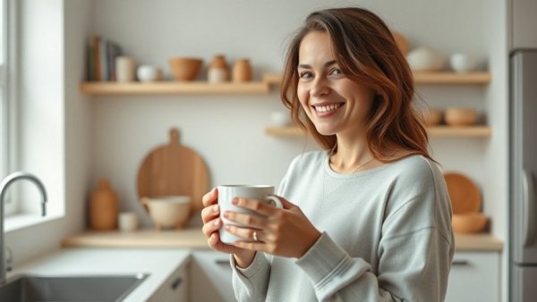 Content woman in kitchen enjoying a drink, reduce chronic inflammation.