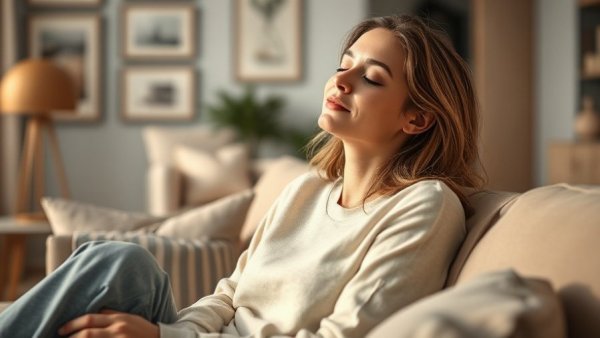 Relaxed woman calming her nervous system in a cozy room.