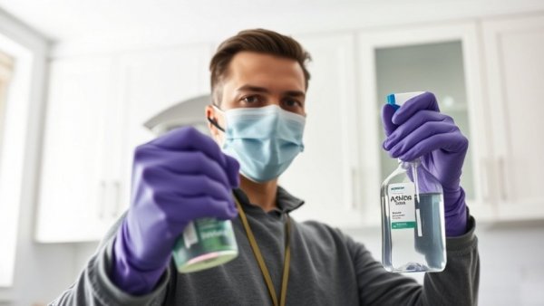Determined man using disinfectant to kill germs during flu season in kitchen.
