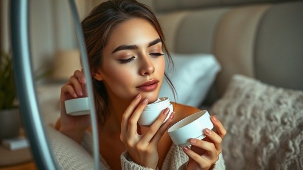 Woman in her 40s applying skincare cream in cozy bedroom.
