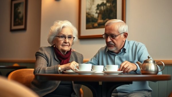Elderly woman at a cafe being comforted, highlighting household changes for people with dementia.
