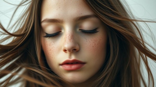 Freckled woman with closed eyes and flowing hair, photorealistic